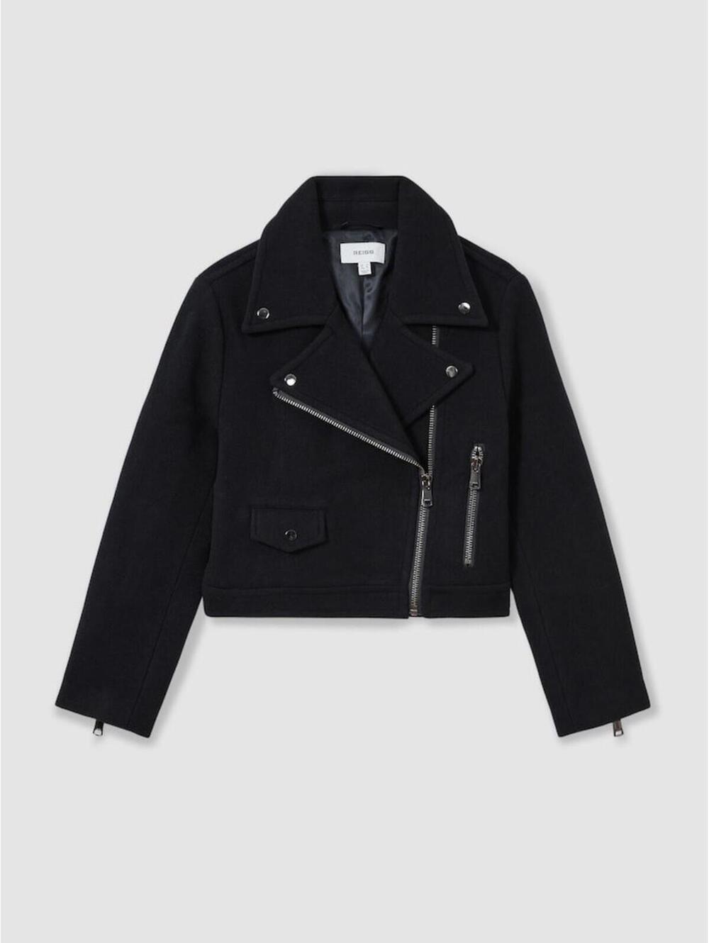 New REISS Arlow Wool-Blend Biker Jacket in Navy Sz US 6 $490